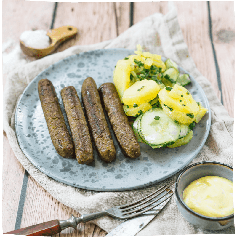 Kartoffel-Gurkensalat mit Seitan Würstchen - Tofu Nagel