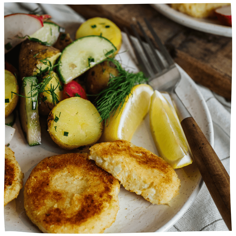 Blumenkohlfrikadellen mit Kartoffelsalat - Tofu Nagel